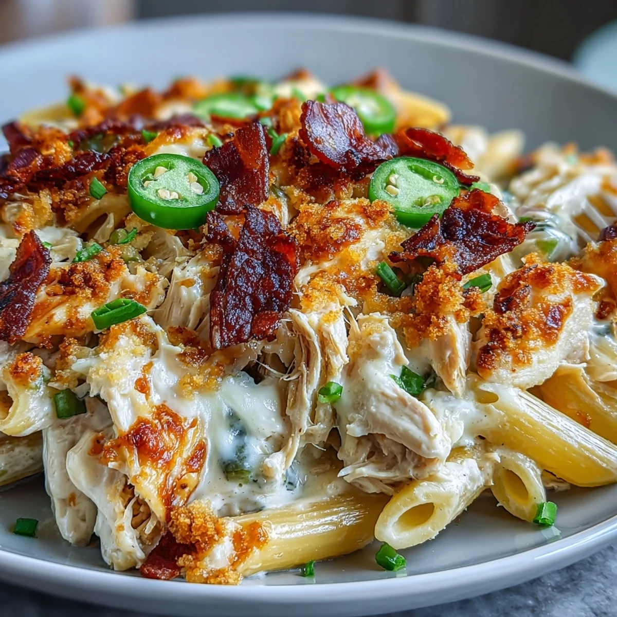 Close-up of creamy jalapeño popper chicken pasta with glossy cheese sauce, bacon bits, and melty mozzarella topping.