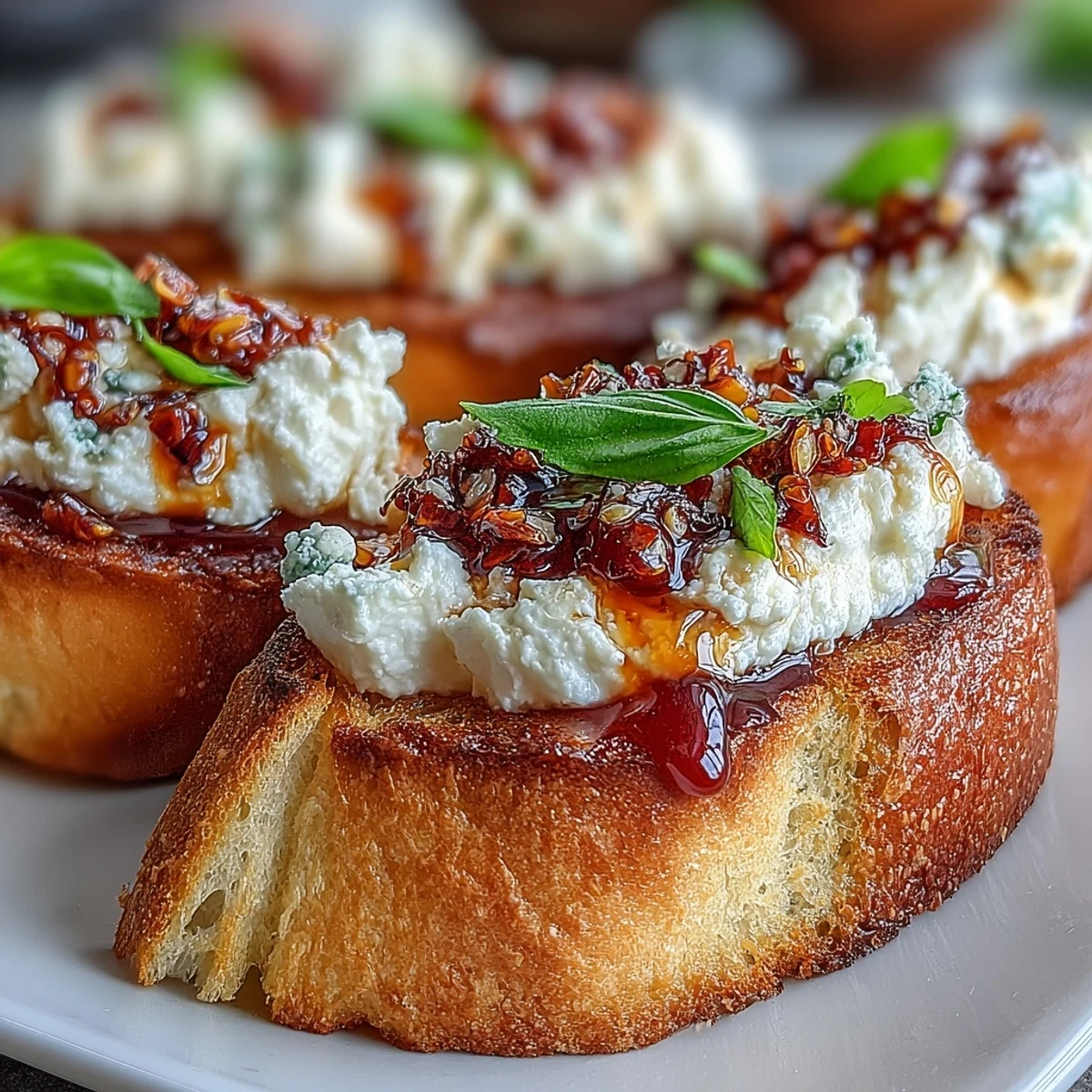 Golden toasted baguette slices topped with creamy whipped ricotta and drizzled with spicy hot honey for this Hot Honey Ricotta Bruschetta.