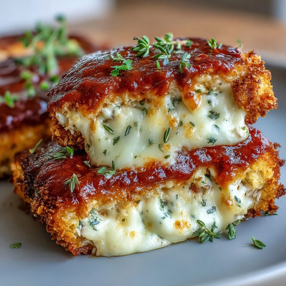 A vegetarian Crispy Tofu Chicken Parm Bakes with golden crust, bubbling mozzarella, and fresh basil garnish on a plate.