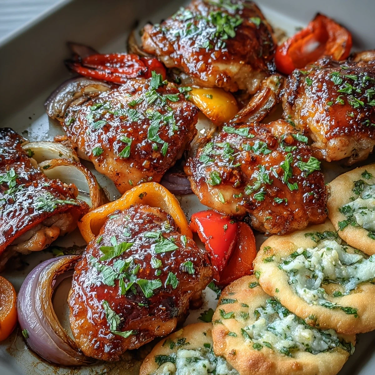 Tender chicken thighs and colorful vegetables on a sheet pan, paired with buttery garlic naan for a comforting family-style dinner.