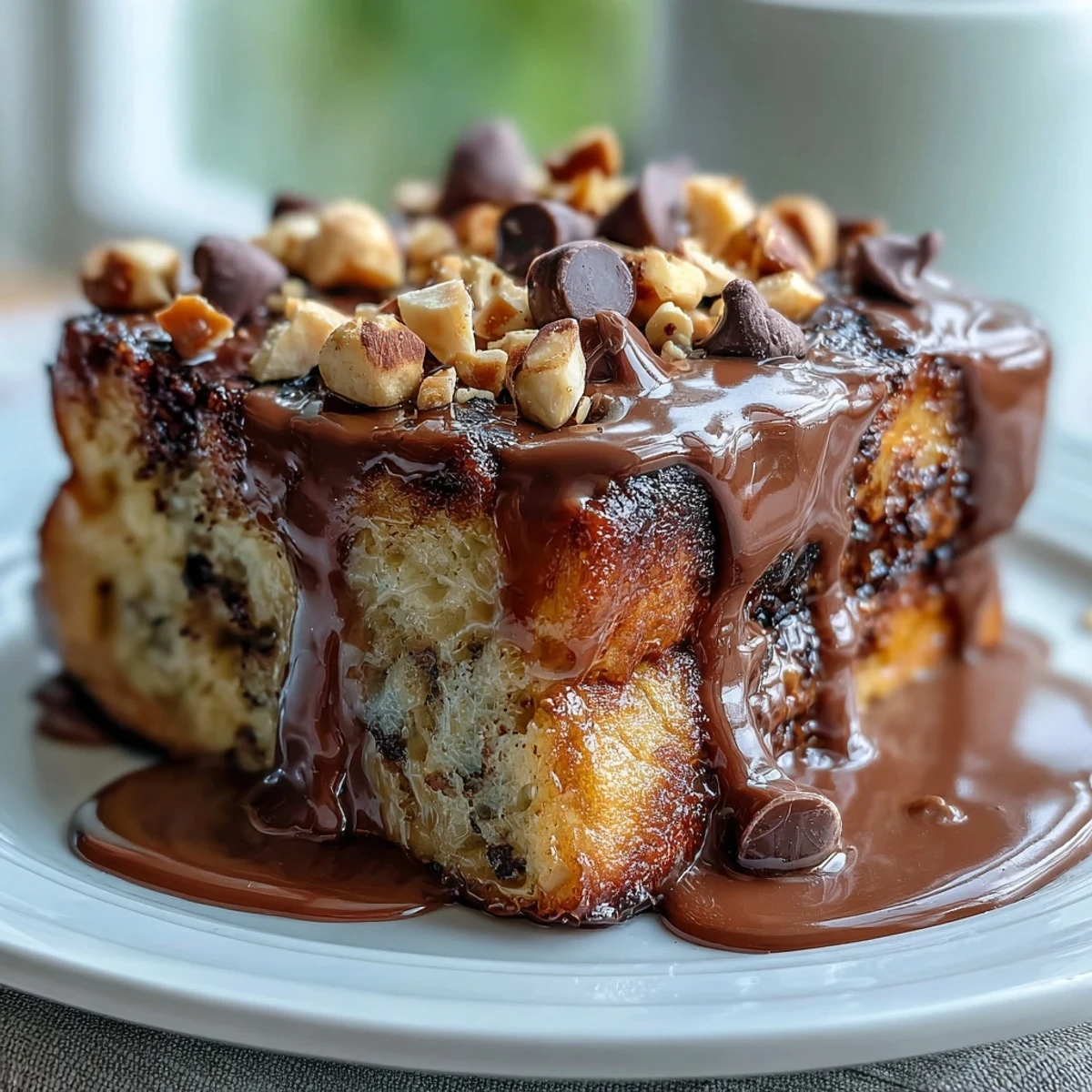 Freshly baked High-Protein Peanut Butter & Chocolate Baked French Toast, showcasing a puffed, golden-brown casserole studded with melty dark chocolate chips and chopped peanuts.