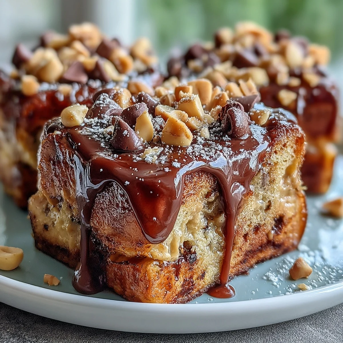 Golden-brown High-Protein Peanut Butter & Chocolate Baked French Toast, topped with melty dark chocolate chips and chopped peanuts on a rustic plate.