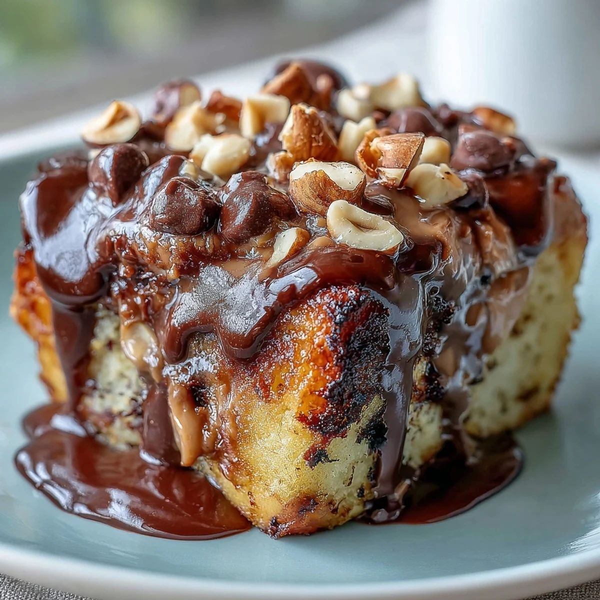 A plated slice of High-Protein Peanut Butter & Chocolate Baked French Toast, drizzled with maple syrup and served alongside fresh strawberries and a dollop of Greek yogurt.