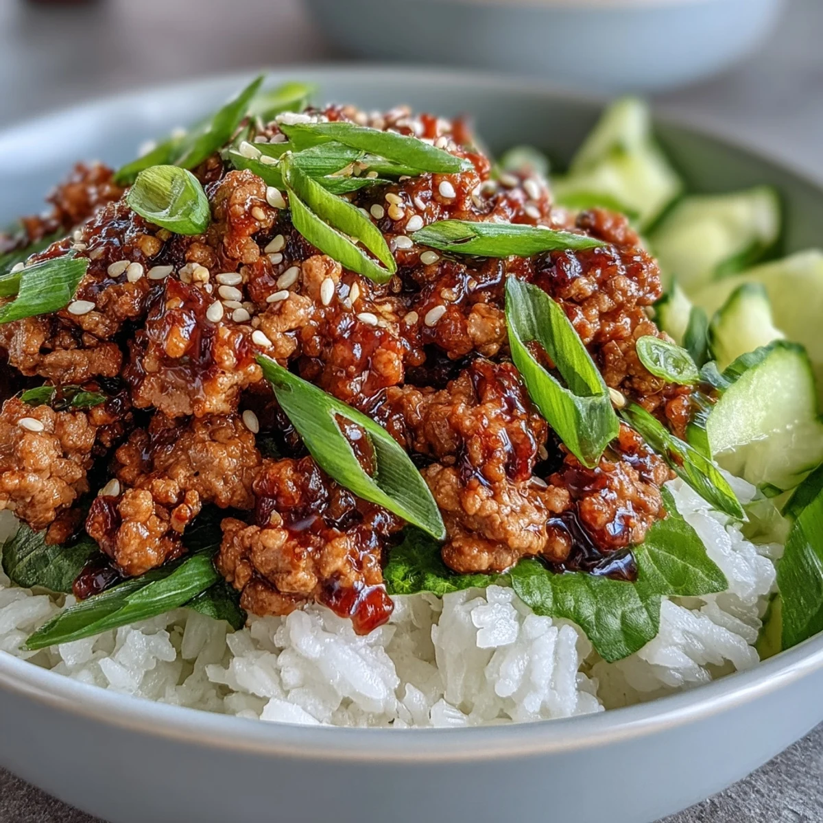 Freshly cooked Korean-style sesame turkey on fluffy rice topped with crisp lettuce, cucumber ribbons, and extra sesame seeds.