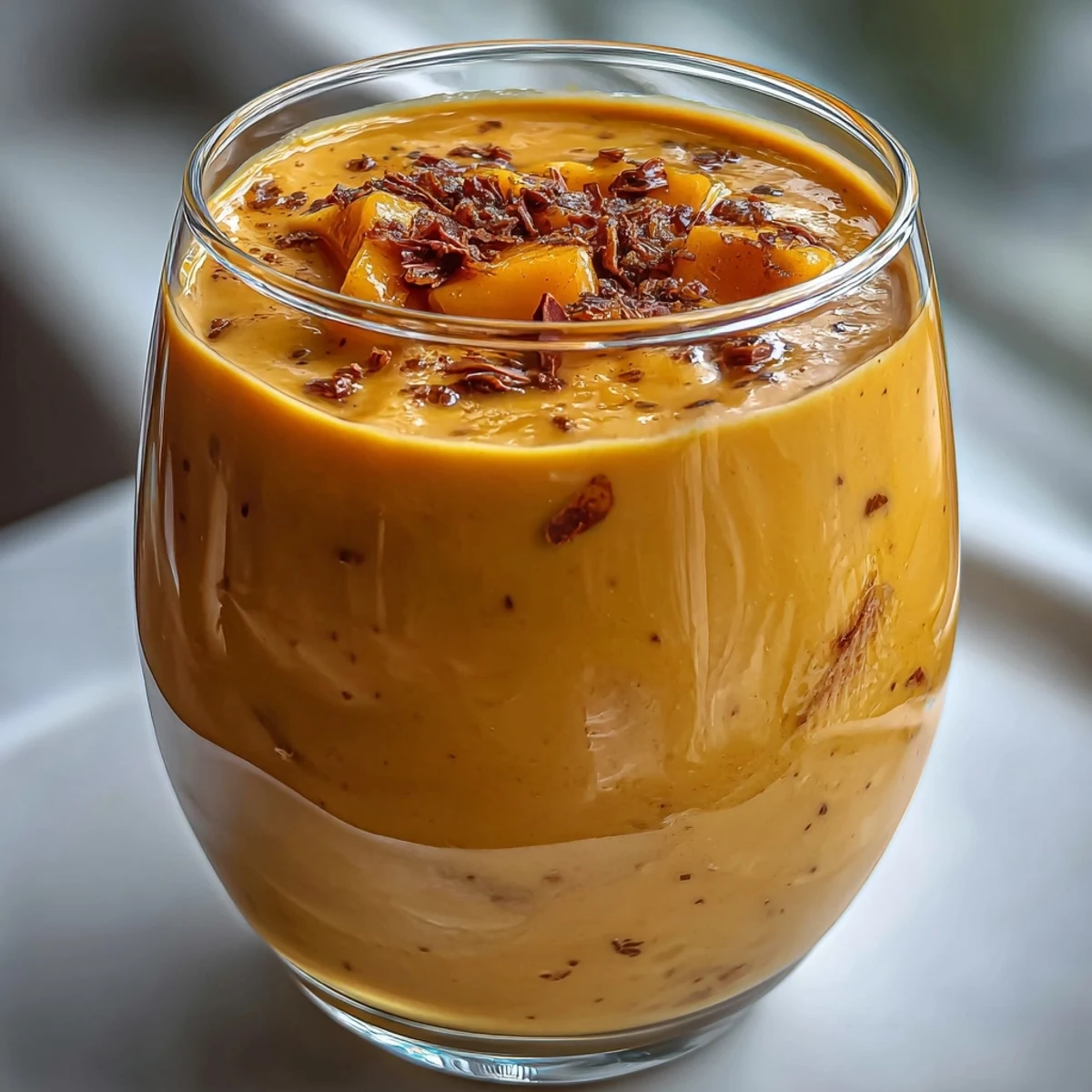 A refreshing Vegan Mango Turmeric Golden Milk Smoothie garnished with fresh mango slices, ready to sip.
