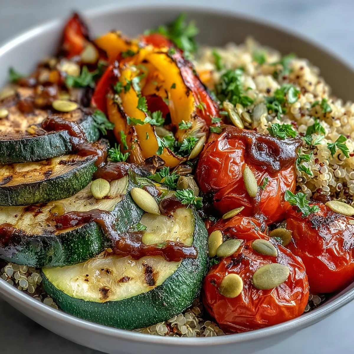 Fork-tender grilled vegetables and golden quinoa make these Grilled Veggie and Quinoa Power Bowls a vibrant vegetarian dinner.