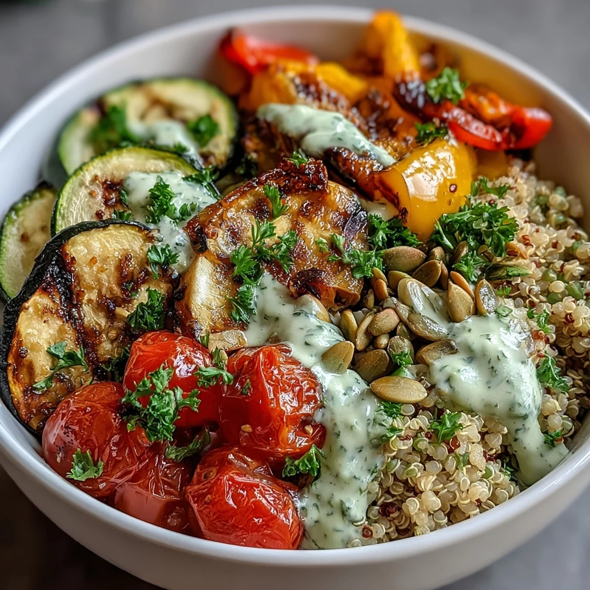 Enjoy Mediterranean-inspired Grilled Veggie and Quinoa Power Bowls topped with feta, parsley, and crunchy pepitas, finished with a lemony tahini sauce.