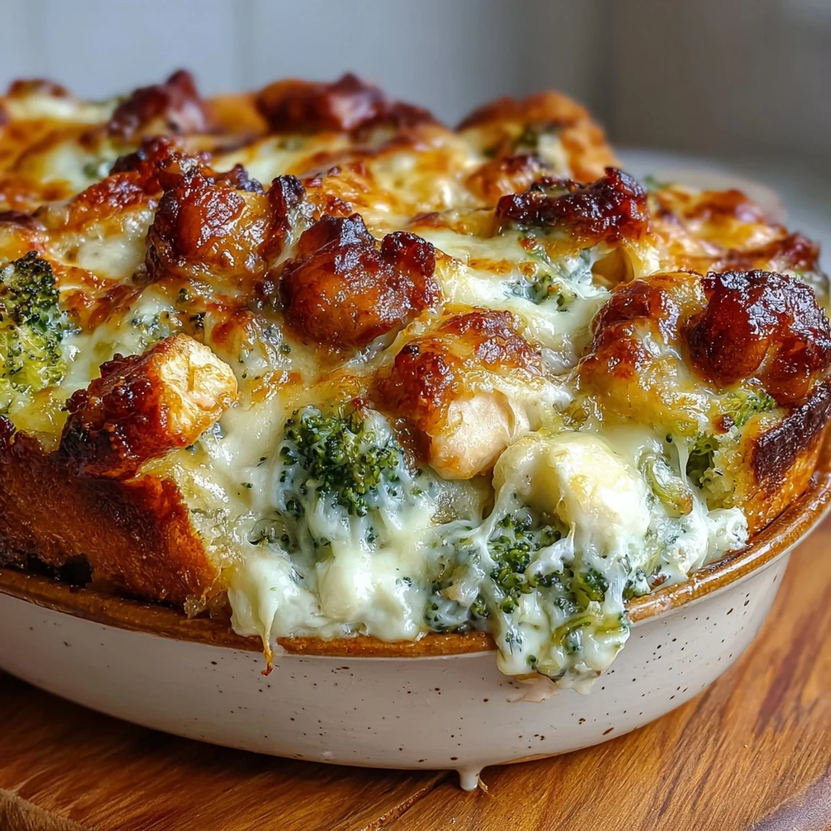 A spoon scoops into the creamy Keto Creamy Chicken and Broccoli Casserole, revealing tender chicken in cheesy sauce.