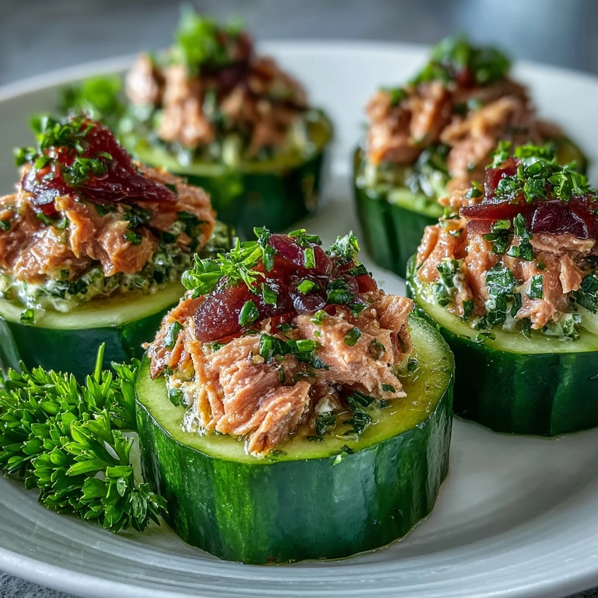 Low-carb 10-Minute Tuna Avocado Cucumber Boats ready for a healthy lunch or meal prep.