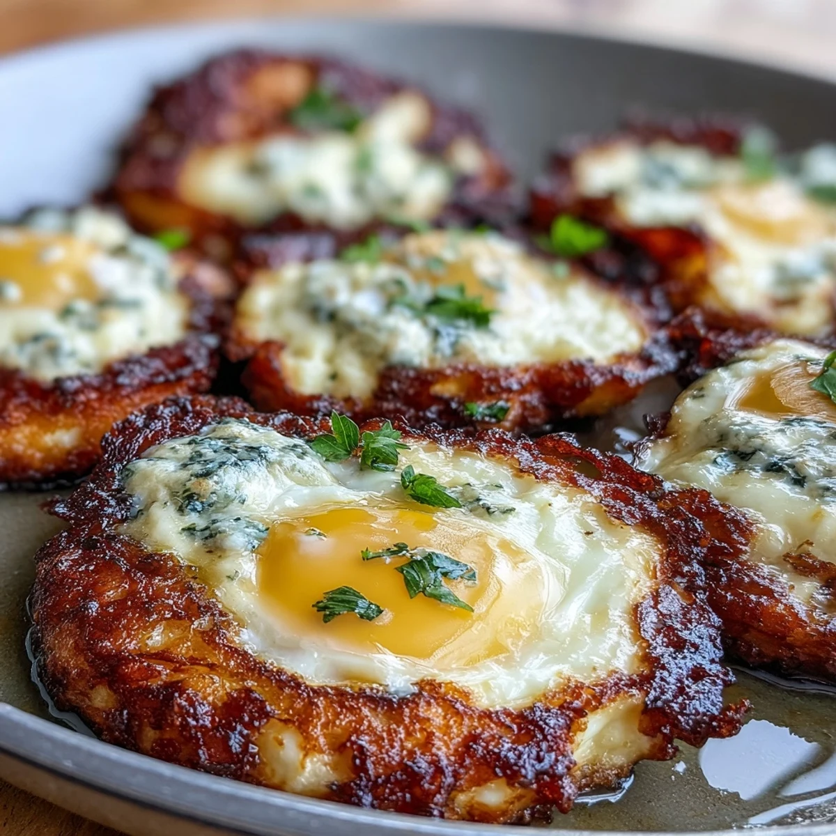 Crispy feta fried eggs with golden edges, served on toasted crusty bread with fresh herbs.  