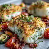 Fork-tender Parmesan Crusted Sheet Pan Fish & Veg on a sheet pan with crispy crust and oozing cheese.