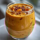 A refreshing Vegan Mango Turmeric Golden Milk Smoothie garnished with fresh mango slices, ready to sip.