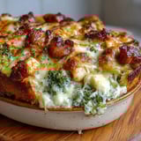 A spoon scoops into the creamy Keto Creamy Chicken and Broccoli Casserole, revealing tender chicken in cheesy sauce.