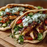 Sliced grilled chicken nestled in a fluffy pita with crisp lettuce, tomato salad, and yogurt sauce for a Light Greek Chicken Pita Pockets.