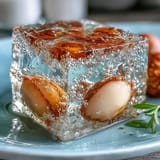 Translucent lychee agar jelly cubes served chilled in bright, bubbly yuzu water.