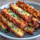 Deliciously crunchy Crispy Parmesan Zucchini Fries, ready to be dipped in marinara sauce.