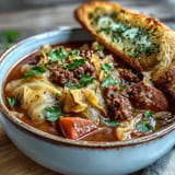 Comforting cabbage roll soup, bursting with savory flavors and fresh garlic toast.