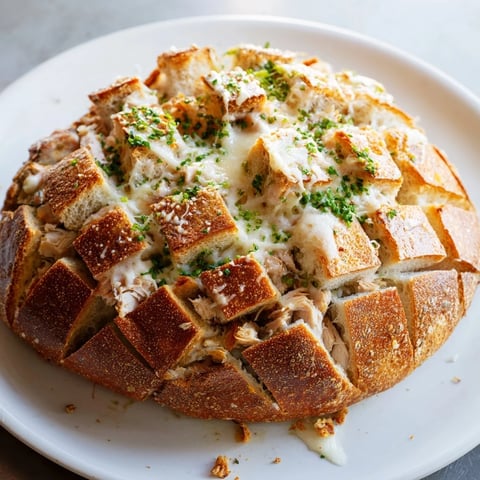 Golden brown Cheesy Leftover Chicken Bake pull-apart bread, a warm, cheesy, home-cooked delight.