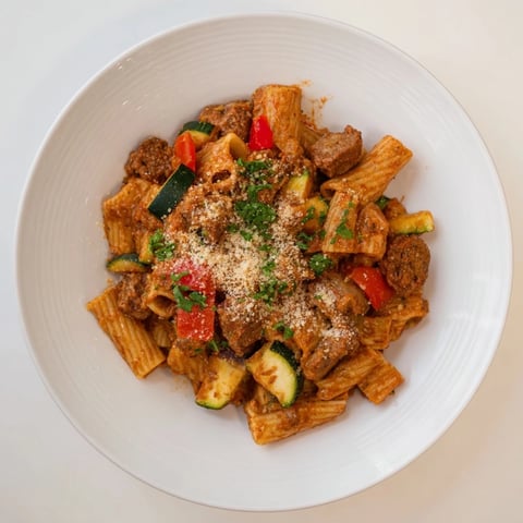 Golden, bubbly Spicy Vegan Chorizo Baked Pasta, a comforting vegan main dish, ready to serve.