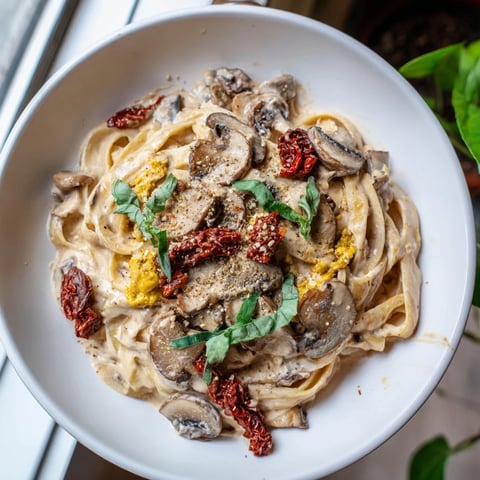 A creamy plate of Vegan Marry Me Mushroom Pasta, ready to serve with fresh basil garnish.