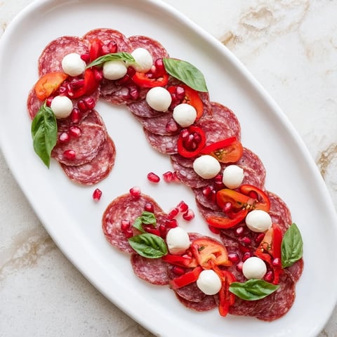 Festive Candy Cane Zigzag charcuterie board with vibrant red salami and white cheese, ready to serve guests.