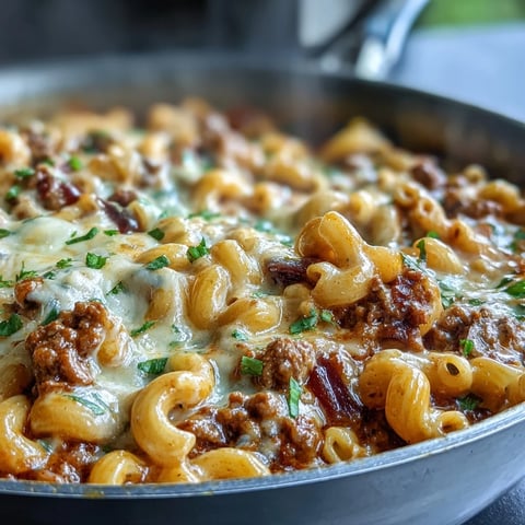 Creamy One-Pan High Protein Chili Mac with melted cheddar and ground beef served steaming hot in a rustic bowl.