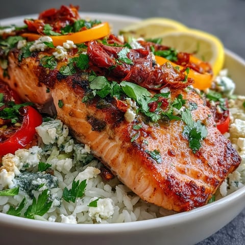 Crispy pan-seared Mediterranean Salmon Bowl with golden rice, topped with feta and colorful baby bell peppers.