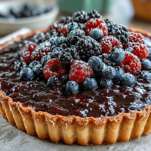 Freshly baked Black Currant Fruit Tart with a golden, buttery crust showcases luscious dark purple curd and vibrant berries.