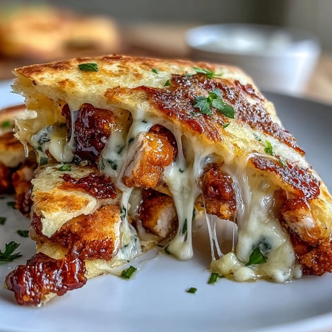 Golden-brown Cheesy Hot Honey Chicken Quesadillas stuffed with melted cheddar and Monterey Jack, served with a vibrant jalapeño cream sauce for dipping.