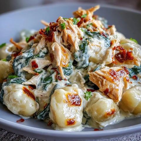 Golden-brown shredded chicken and tender potato gnocchi swimming in a creamy, garlicky Parmesan sauce with wilted fresh spinach leaves.  