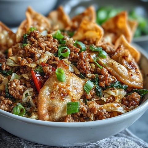 Colorful bowl of Ranch Turkey & Veggie Egg Roll Bowls topped with crispy wonton strips and fresh green onions.