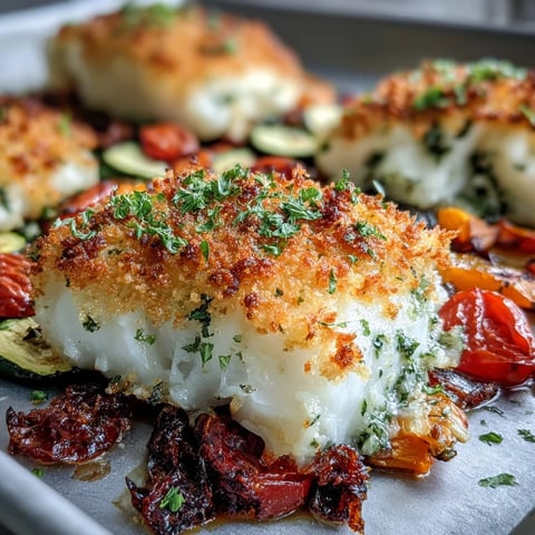 Golden-baked Parmesan Crusted Sheet Pan Fish & Veg with tender cod and colorful roasted vegetables on a rustic table.