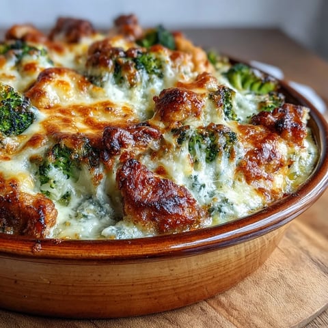 Freshly baked Keto Creamy Chicken and Broccoli Casserole with golden, bubbly cheese topping and green broccoli florets.
