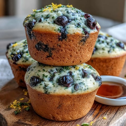 Freshly baked Vegan Blueberry Lemon Protein Muffins with golden tops and visible blueberries on a cooling rack.