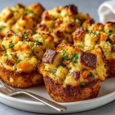 Individual Classic Buttery Herb Stuffing Muffins, a Thanksgiving side with crispy buttery edges.