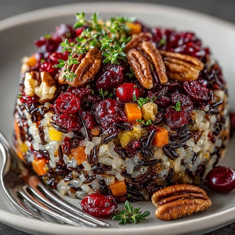 Close-up of Gluten-Free Wild Rice Stuffing; pecans, cranberries, and vegetables glistening.