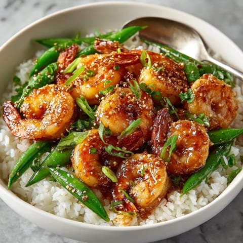 Honey Garlic Shrimp Bowls: A close-up shows glistening shrimp over fluffy rice and bright veggies.