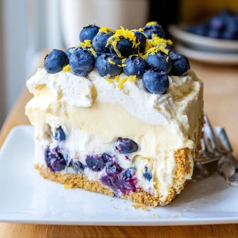 Creamy layers of No-Bake Lemon Blueberry Cream Cake with a buttery graham cracker crust.  