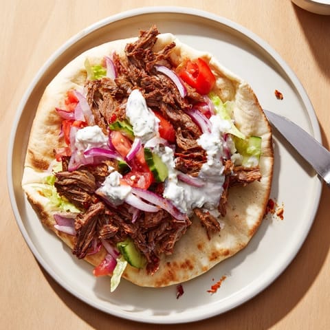 Tender, slow-cooked Beef Gyros served in warm pita with vibrant toppings.  
