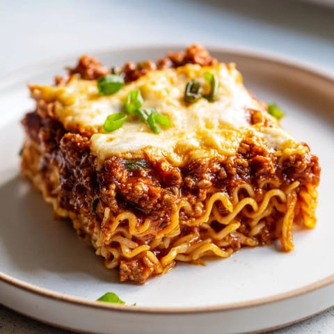 Deliciously layered Spicy Ramen Lasagna featuring savory pork and rich tomato sauce.  