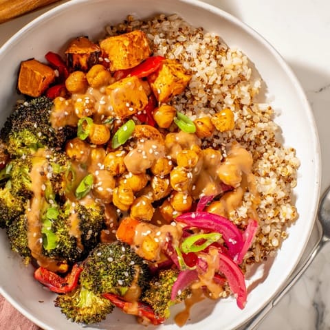Delicious Bold Sauce Drizzle Bowls topped with crispy chickpeas and gochujang-maple drizzle.  