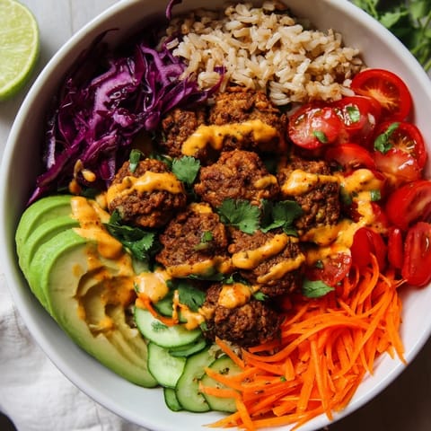 Delicious plant-based meat bowl bursting with flavors and vibrant, healthy ingredients.  