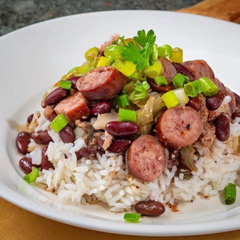 Hearty Red Beans & Rice served over fluffy rice, bursting with flavor and spices.  