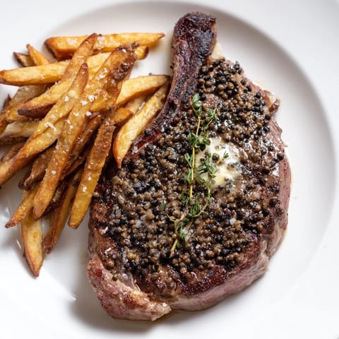 A close-up of a juicy Classic Peppercorn Ribeye, featuring a peppercorn crust and served with side of crispy fries.