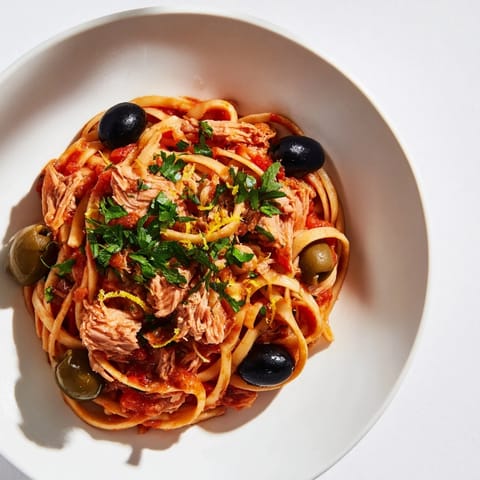 Pasta with Tuna, Olives & Capers: Flaky tuna and olives mixed with perfectly cooked pasta noodles.