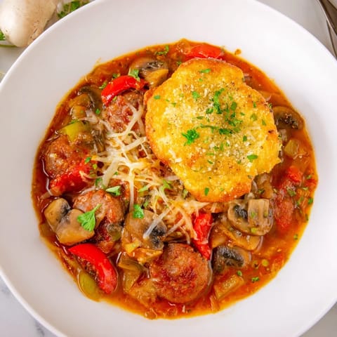 A close-up of a bubbling Pizza Pot Pie Soup mashup with chunks of red bell peppers and rich broth.