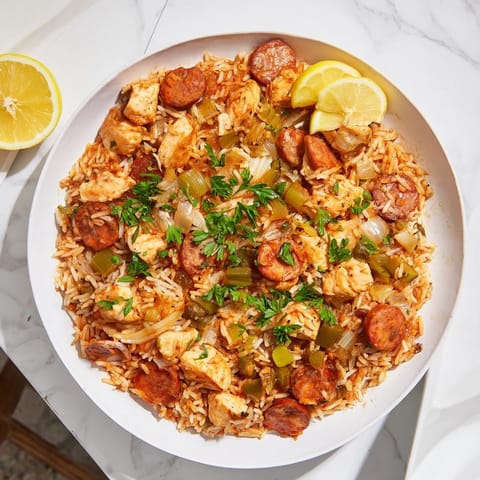A delicious close-up of the Simple Chicken and Sausage Jambalaya Bake, highlighting the tender chicken and sausage.