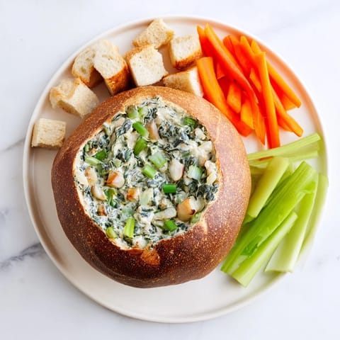 A close-up of The Best Spinach Dip Ever, scooped from a bread bowl, ready to enjoy.