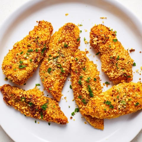 These perfectly air fried festive chicken tenders offer a delicious crunch and savory, seasoned coating.