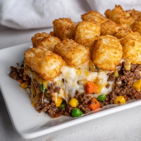 Warm and bubbly, the Quick Christmas Tater Tot Casserole features a savory ground beef base.